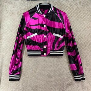 Uptown Jacket Womens M Pink Zebra Cropped Shiny Slippery Lightweight Button Up